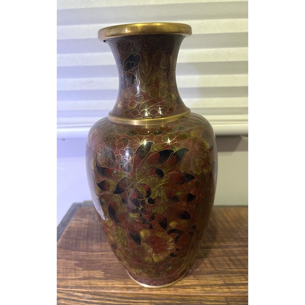 Vintage Chinese Cloissone Enamel And Brass Vase 8.5”